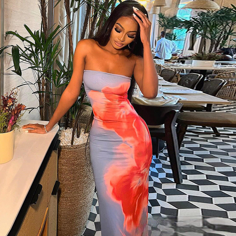 Women Clothing Printing Dress Sexy off the Shoulder Sleeveless One Step Dress