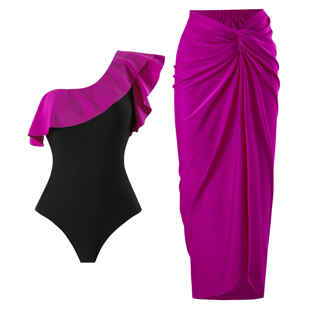 One Piece Swimsuit Retro Shoulder Swimsuit Set