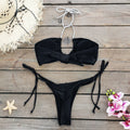 Solid Color Lace up Low Waist Sexy Hollow Out Cutout Bikini Split Swimsuit Women Bikini