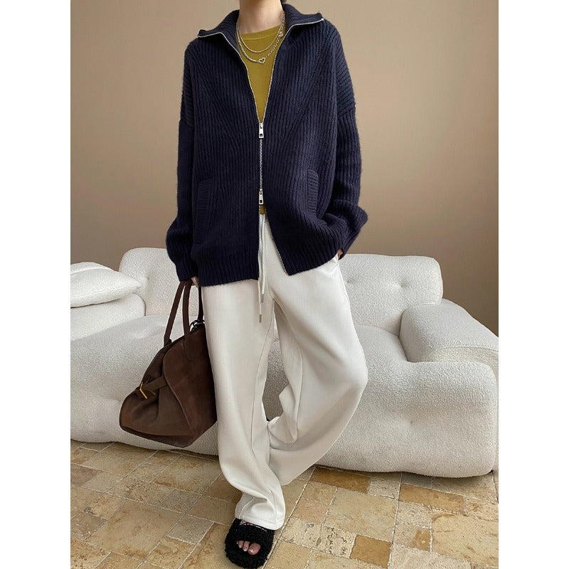 Loose Feeling Weekend Soft Glutinous Idle Double Zipper Loose Knitted Cardigan Sweater Coat