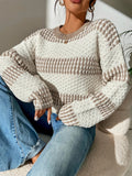 Women Clothing Autumn Winter Casual Loose Sweater Contrast Color Striped Stitching Sweater