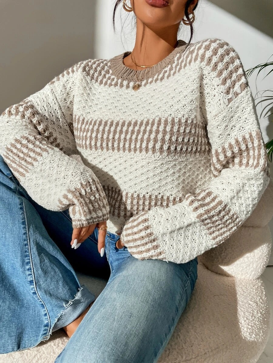Women Clothing Autumn Winter Casual Loose Sweater Contrast Color Striped Stitching Sweater