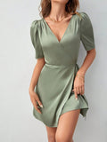Women Clothing Satin Dress Spring Summer French Puff Sleeve Dress