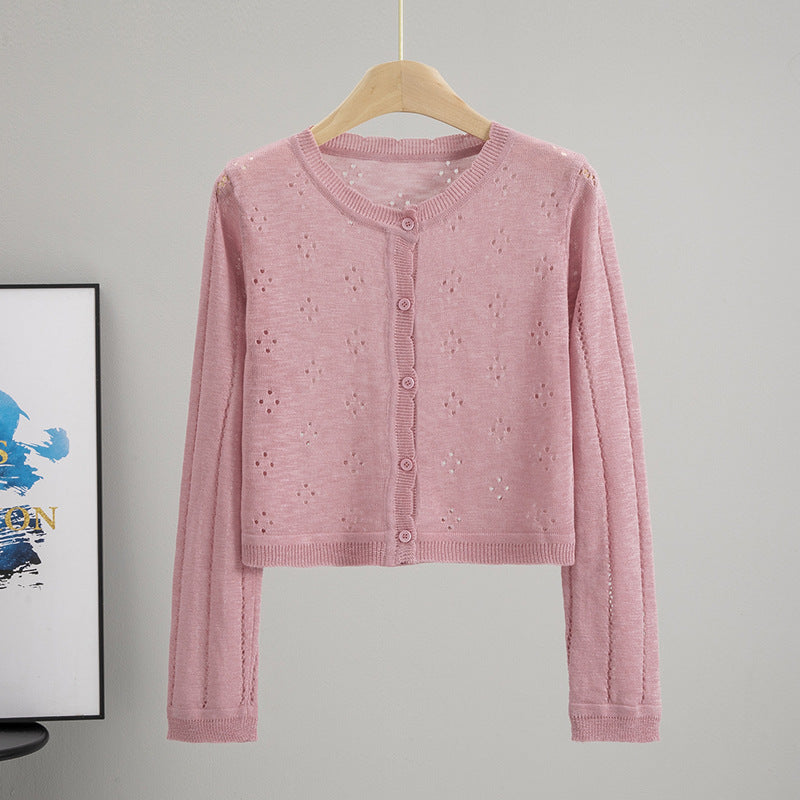 All Matching Hollow Out Cutout Sun Protection Short Knitted Cardigan Women Summer Figure Flattering Outerwear Top