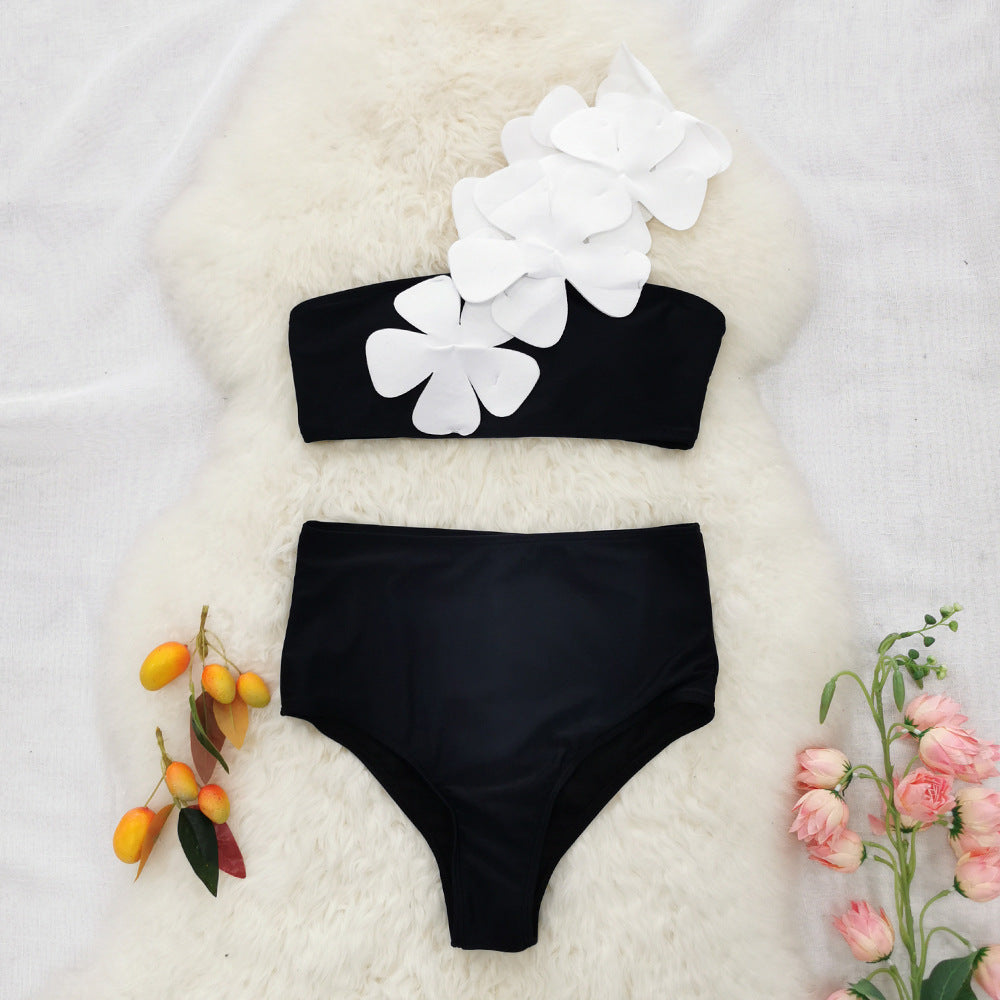 Split Swimsuit Women Solid Color One Shoulder Big Floral Tube Top High Waist Bikini Bikini