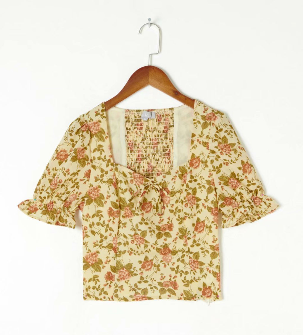 Summer Trendy Slim Shirt Square Collar Shirt French Vintage Small Floral Puff Sleeve Top Women