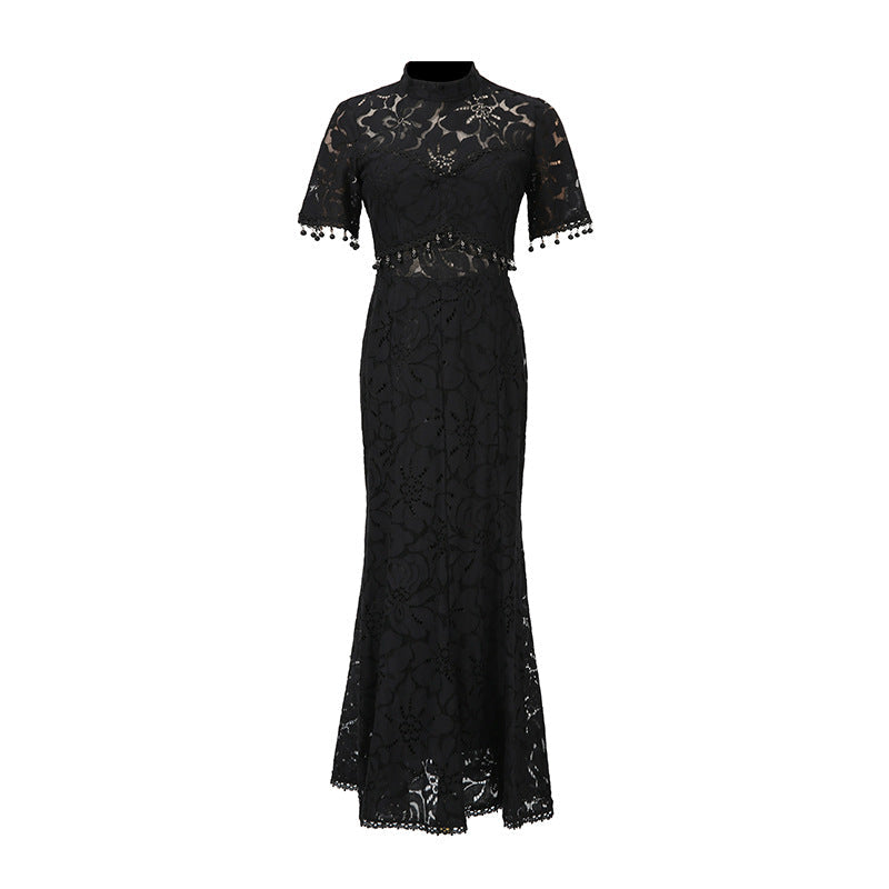 French Sneaky Design Light Luxury Dress Autumn Stand Collar Short Sleeve Lace Hollow Out Cutout Sheath Dress for Women