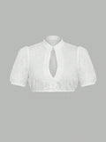Women Elegant V neck Short Sleeved Simple Beer Clothes Shirt Hollow Out Cutout Embroidered Shirt Top