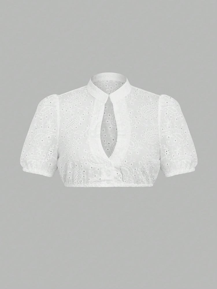 Women Elegant V neck Short Sleeved Simple Beer Clothes Shirt Hollow Out Cutout Embroidered Shirt Top