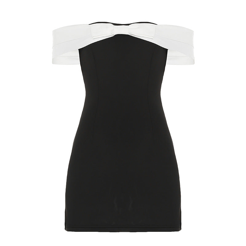 Off Neck off the Shoulder Bow Contrasting Color Dress Air Layer Three Dimensional Waist Controlled Tube Top Short Dress Women