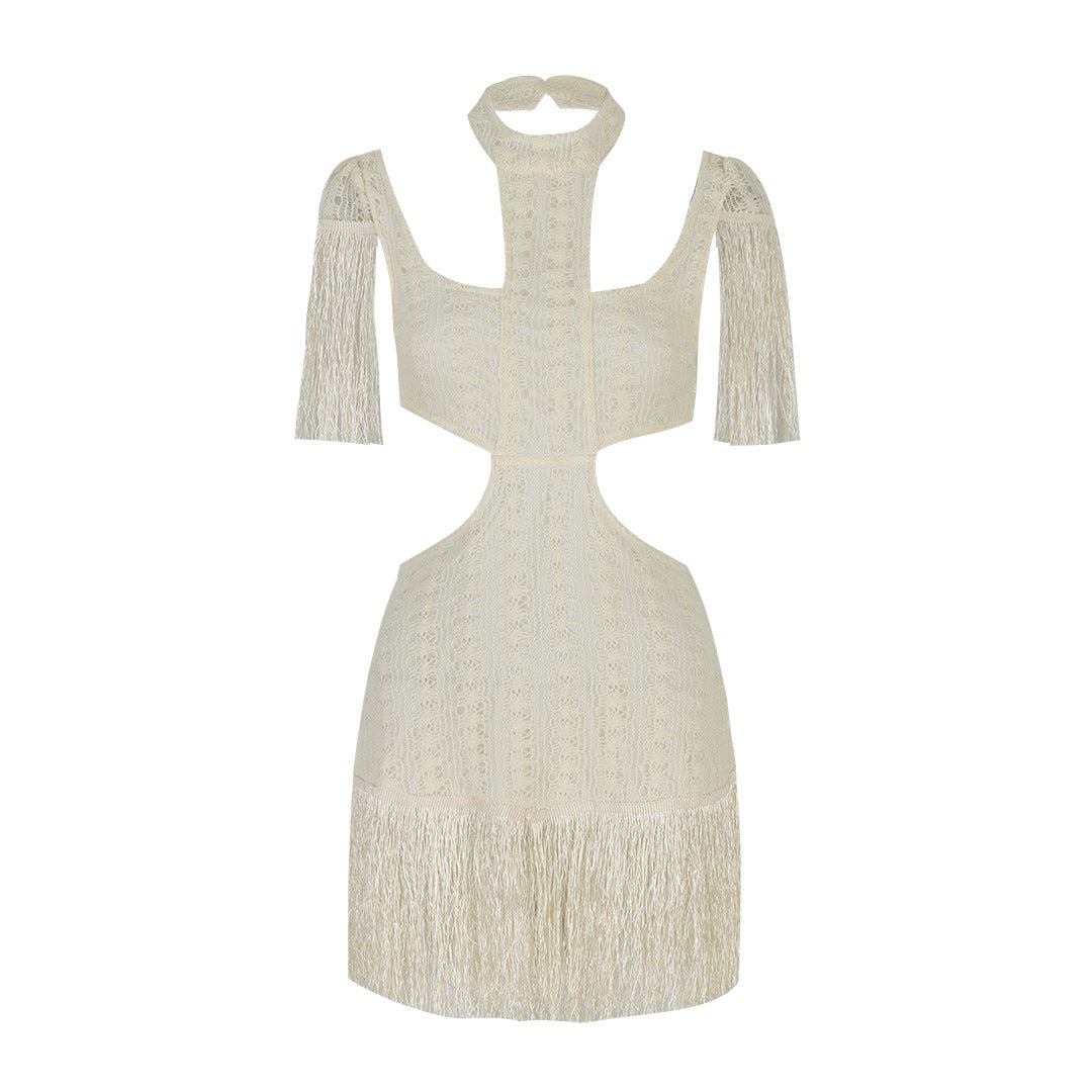 One Piece Hollow Out Cutout Beach Dress Set Sexy Waist Hollow Out Cutout out Seaside Vacation Tassel Summer