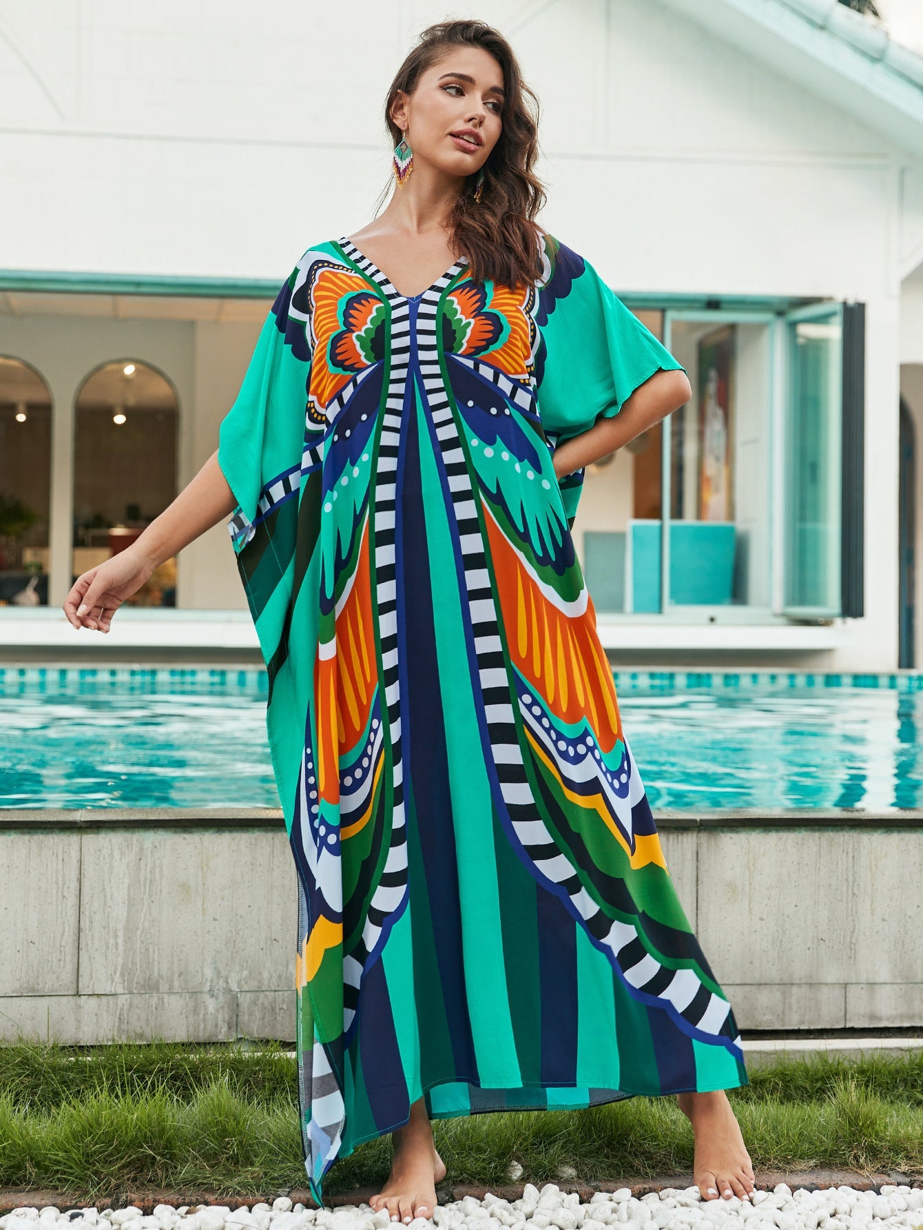 Rayon Printed Beach Cover up Loose Robe Vacation Sun Protection Shirt Bikini Cover