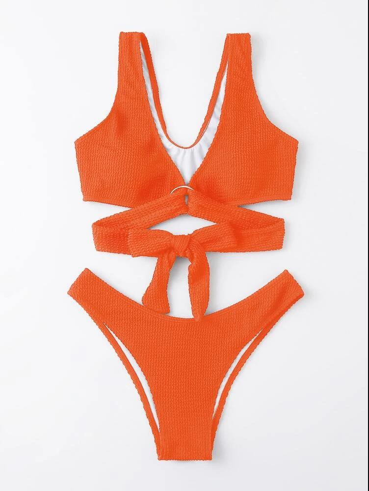Split Solid Color Bikini Lace-up Sexy Women Swimsuit