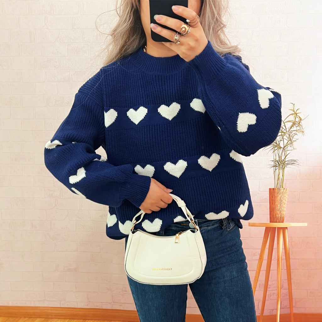 Autumn Winter Contrast Color Heart Knitted Top Crew Neck Casual Loose Warm Office Sweater for Women
