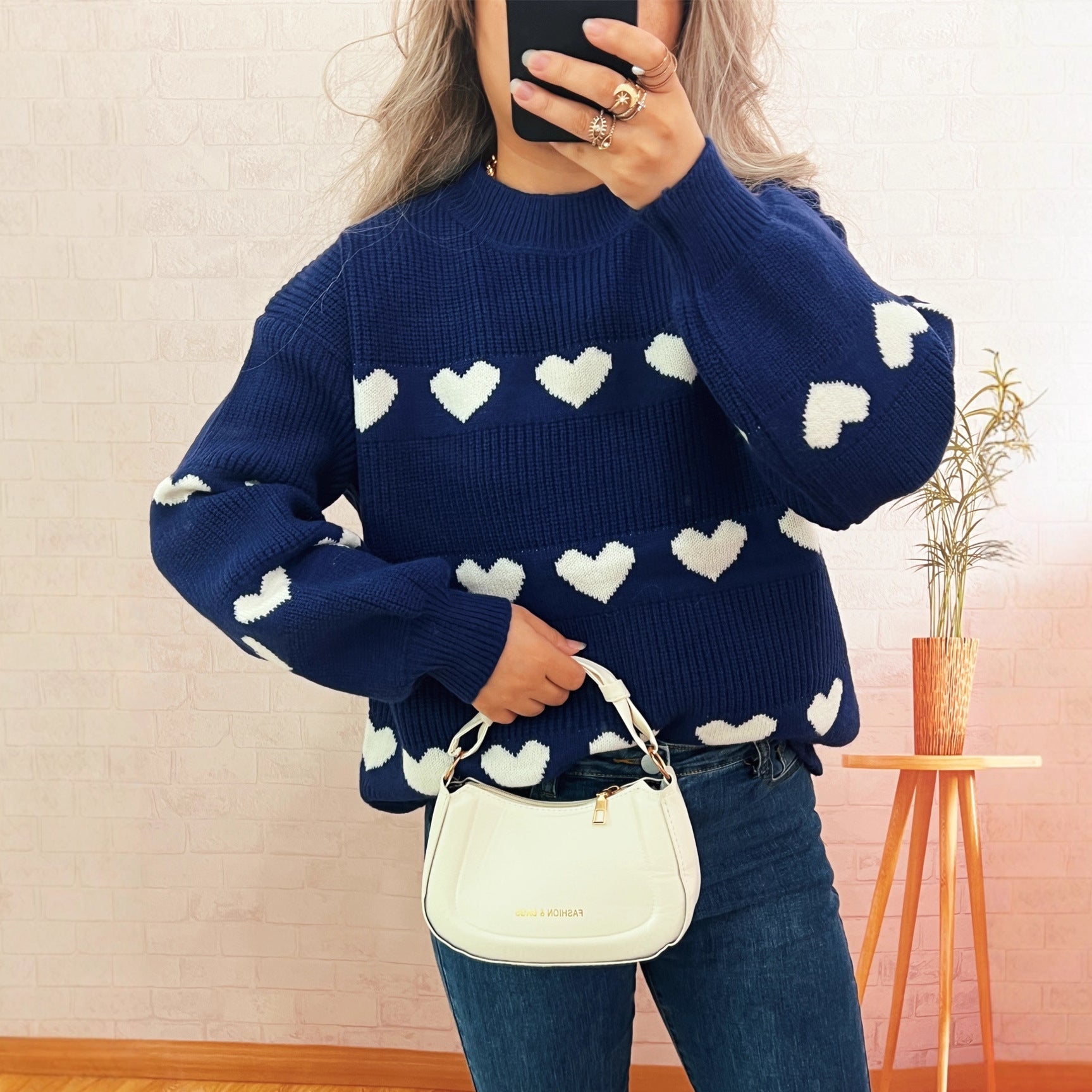 Autumn Winter Contrast Color Heart Knitted Top Crew Neck Casual Loose Warm Office Sweater for Women