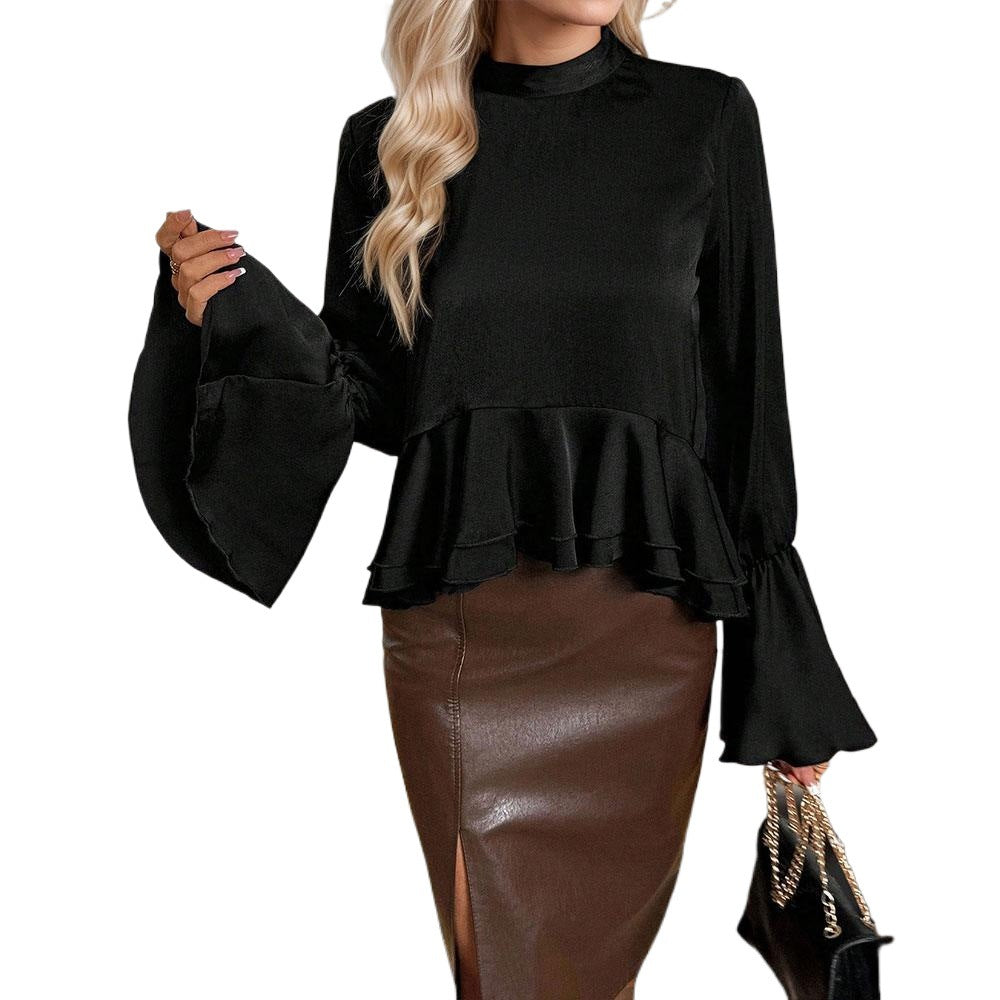 Women Clothing Autumn Winter Office Ruffled Shirt Bell Sleeve Bow Satin
