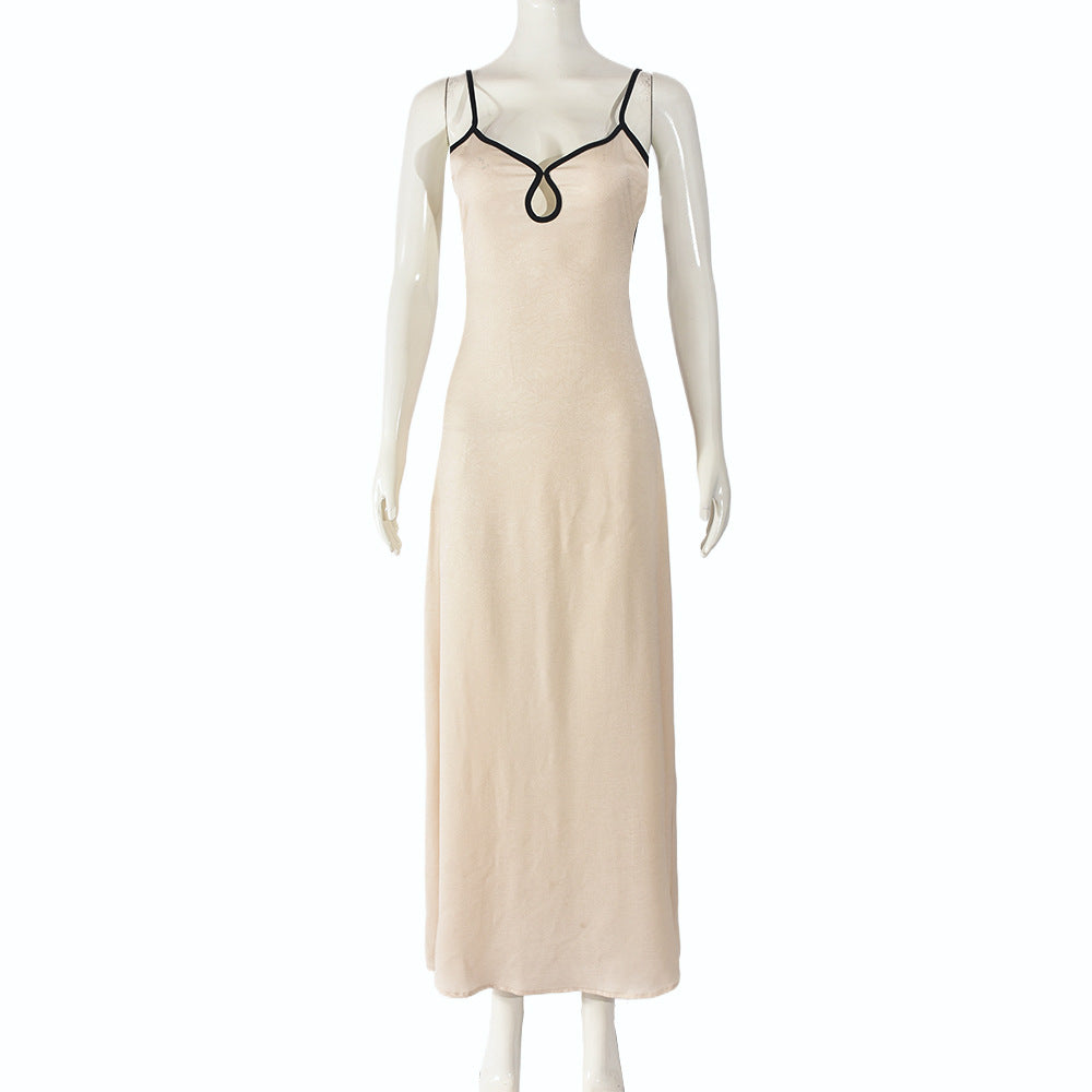 Spring Summer Sexy Women Clothing Dress Contrast Color Slim Fit Backless Halterneck with Suspenders Hip Dress