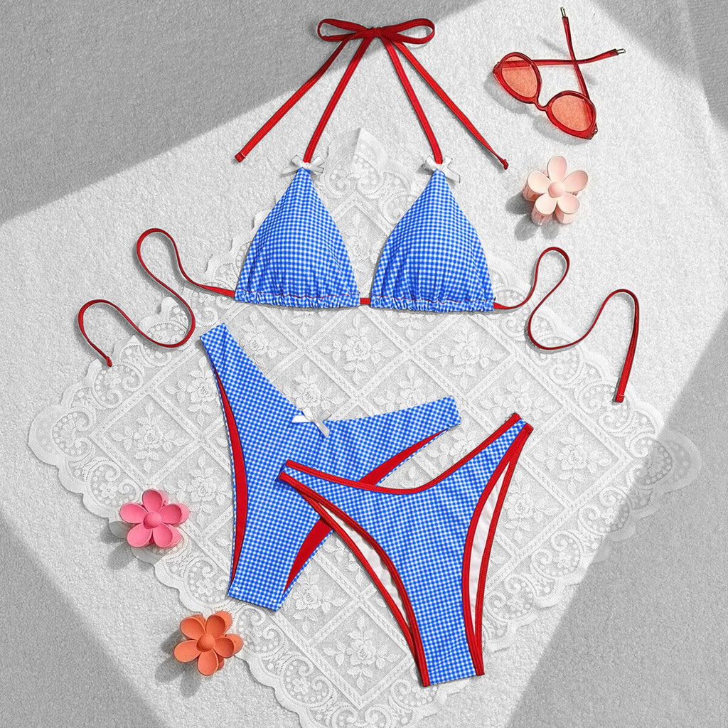 Summer Sweet Bow Floral Plaid Women Split Vacation Swimsuit Bikini