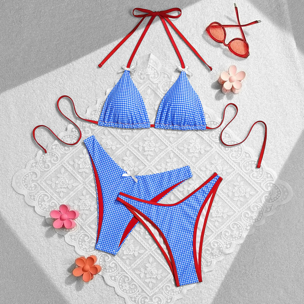 Summer Sweet Bow Floral Plaid Women Split Vacation Swimsuit Bikini