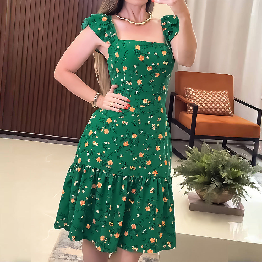 Women French Midi Dress Floral Print Strap Dress