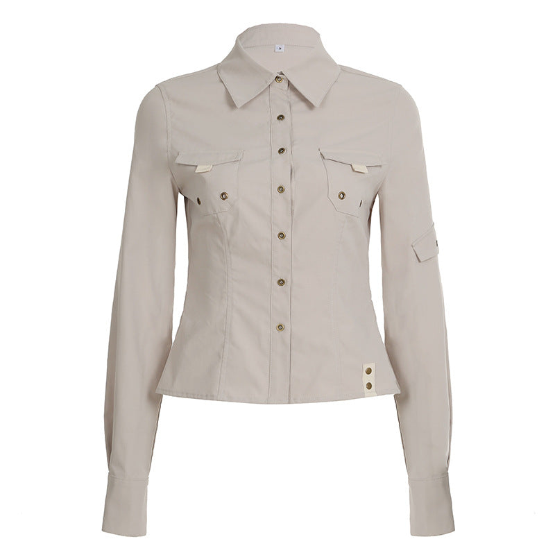 Autumn Pocket Stitching Breasted Collared Shirt Tooling Sexy Waist Controlled Slimming Long Sleeve Cardigan Top Women