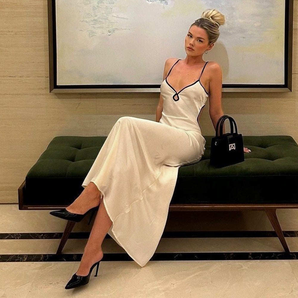 Spring Summer Sexy Women Clothing Dress Contrast Color Slim Fit Backless Halterneck with Suspenders Hip Dress