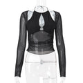 Summer Women Mesh Stitching Hollow Out Cutout Irregular Asymmetric Slim Fit Slimming Long Sleeve Top