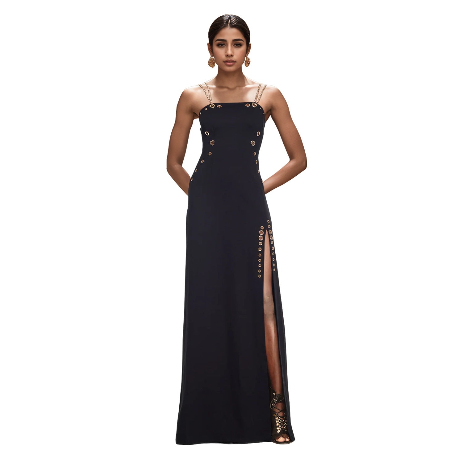 Women Wear Elegant Gold Necklace Sexy Sleeveless Split Dress