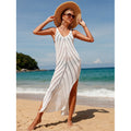 Travel Vacation Sexy Backless V-neck Solid Color Breathable Knitted Slit Maxi Dress Beach Sun Protection Blouse Crochet hook
