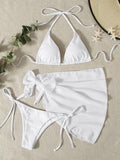 Solid Color Triangle Cup Bandage Sexy Bikini Three Piece Swimsuit