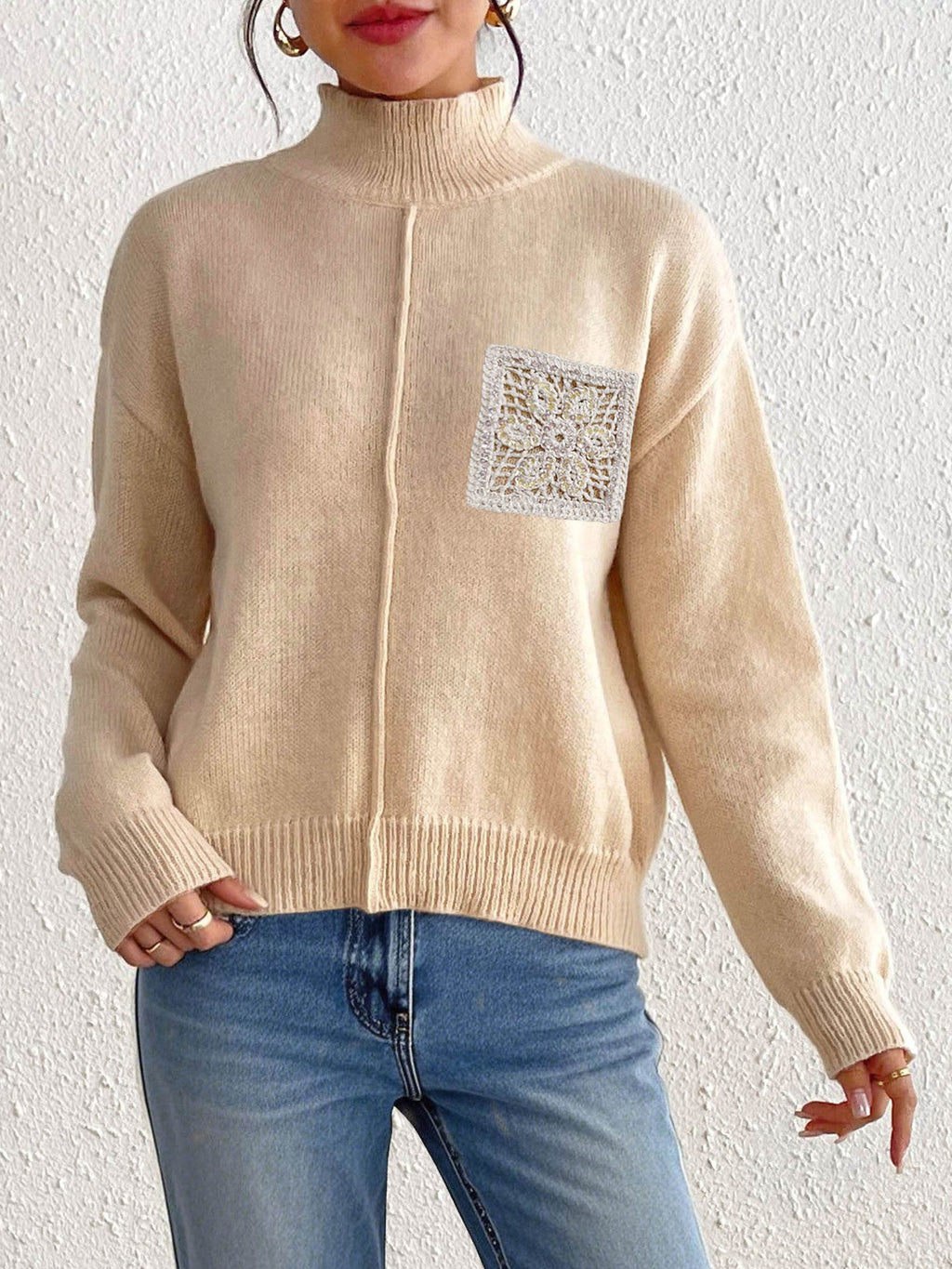 Autumn Winter Women Clothing Solid Color Half Collar Pullover Sweater Sequined Hollow Out Cutout Pocket Stitching Sweater for Women