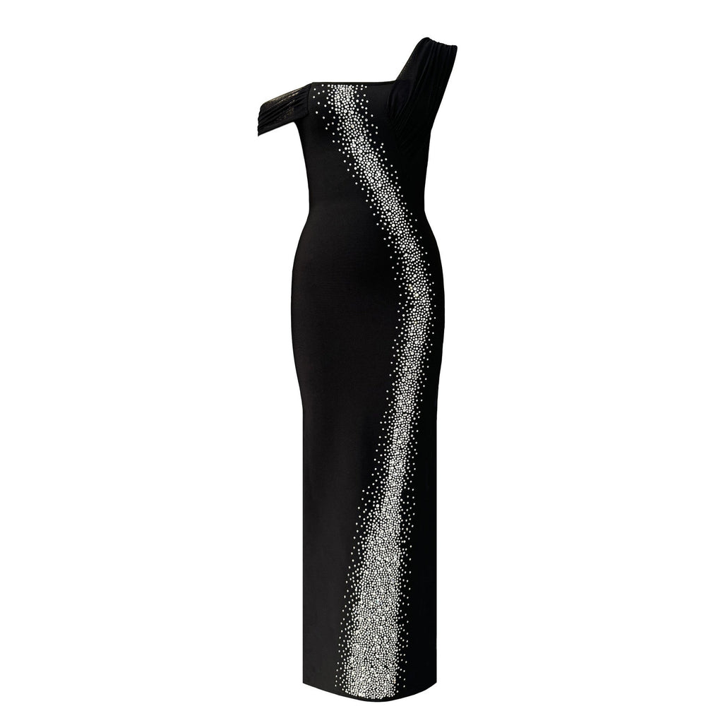 Sexy Single Shoulder Mesh Stitching Rhinestone Hip Bag Bandage Dress Party Dress