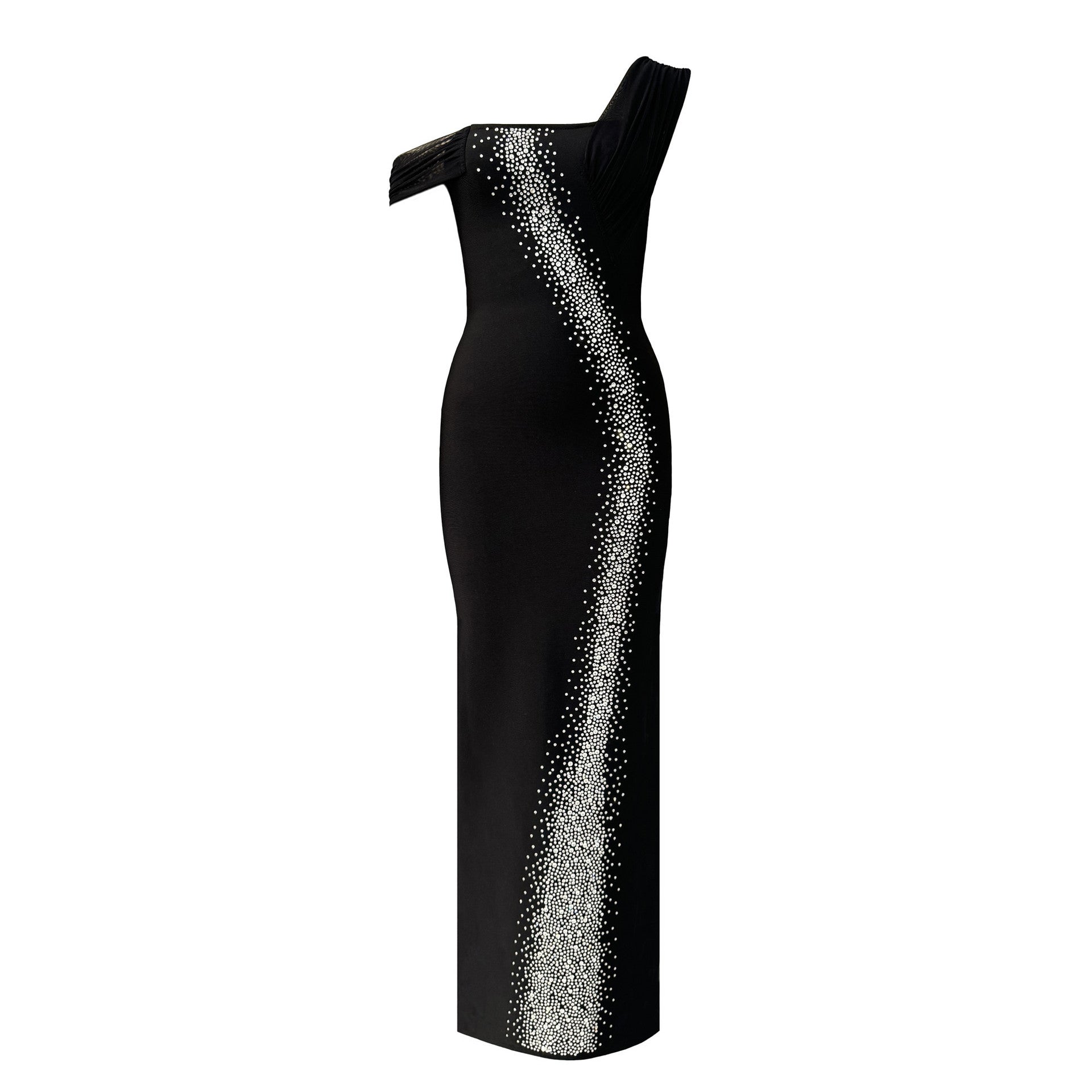 Sexy Single Shoulder Mesh Stitching Rhinestone Hip Bag Bandage Dress Party Dress