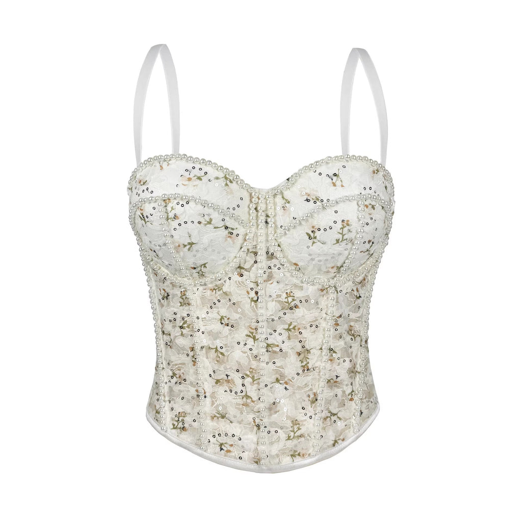 Pearl Mesh Boning Corset Corset Transparent Sexy Lace Tube Tops Strap Sexy Drawstring Slim Fit Boning Corset Top