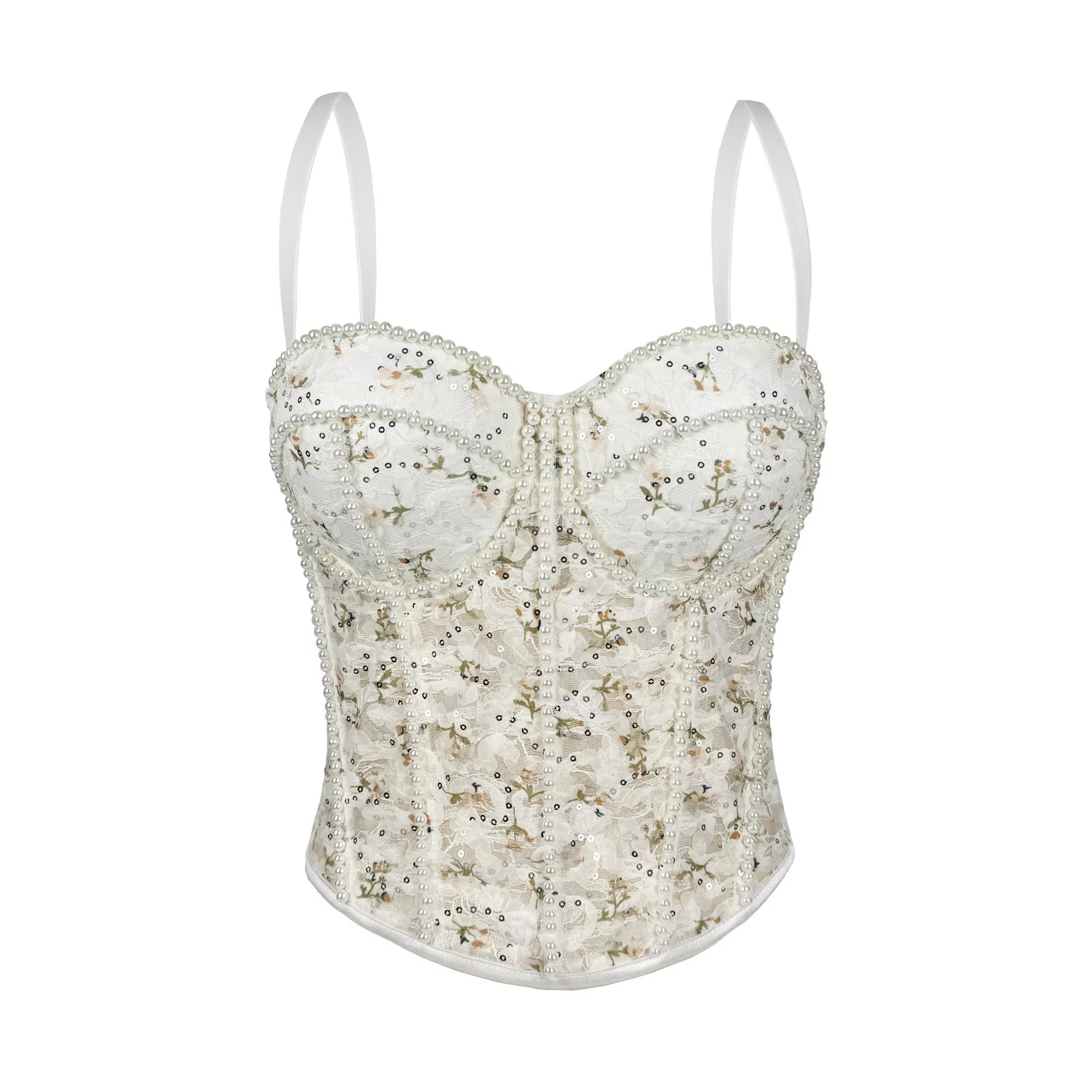 Pearl Mesh Boning Corset Corset Transparent Sexy Lace Tube Tops Strap Sexy Drawstring Slim Fit Boning Corset Top