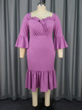 Purple Square Collar Flared Fishtail with Wooden Ears Elegant V Back Dresses
