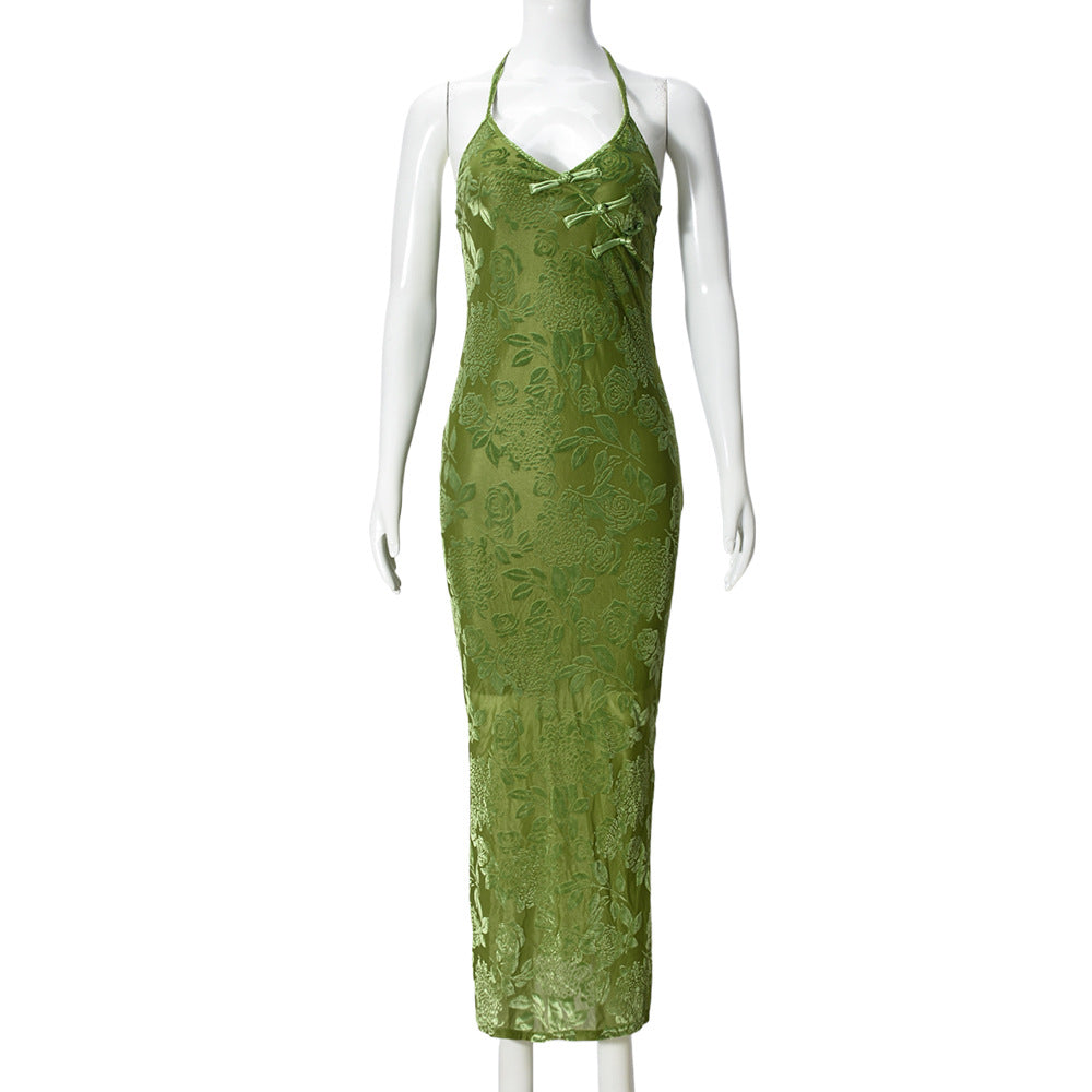 Women Clothing Spring Floral Halter Backless Office Midi Dress