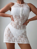 Beach Blouse Seaside Holiday Outdoor Hand Hook Mesh Blouse Women Sleeveless Hollow Out Cutout Sun Protection Dress
