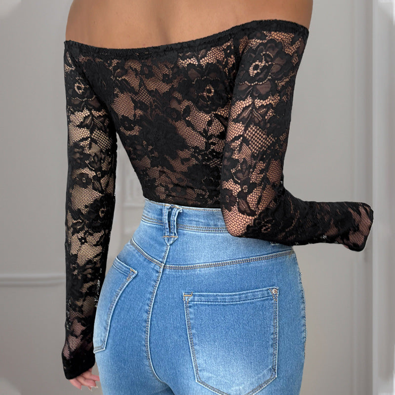 Fall Women Clothing Lace Stitching Long Sleeve Black Jumpsuit