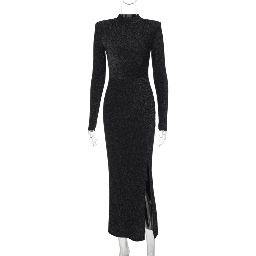 Women Clothing Autumn round Neck Slim Fit Slit Bright Color Dress
