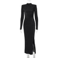 Women Clothing Autumn round Neck Slim Fit Slit Bright Color Dress