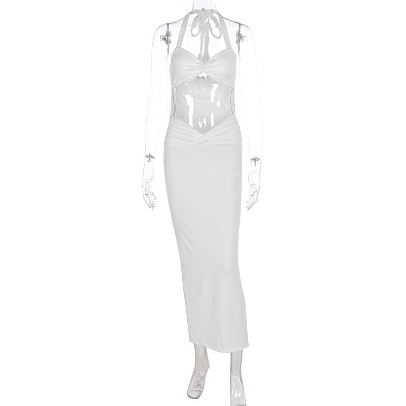 Summer Sexy Solid Color Halter Hollow Out Cutout Sleeveless Slim Fit Hip Dress