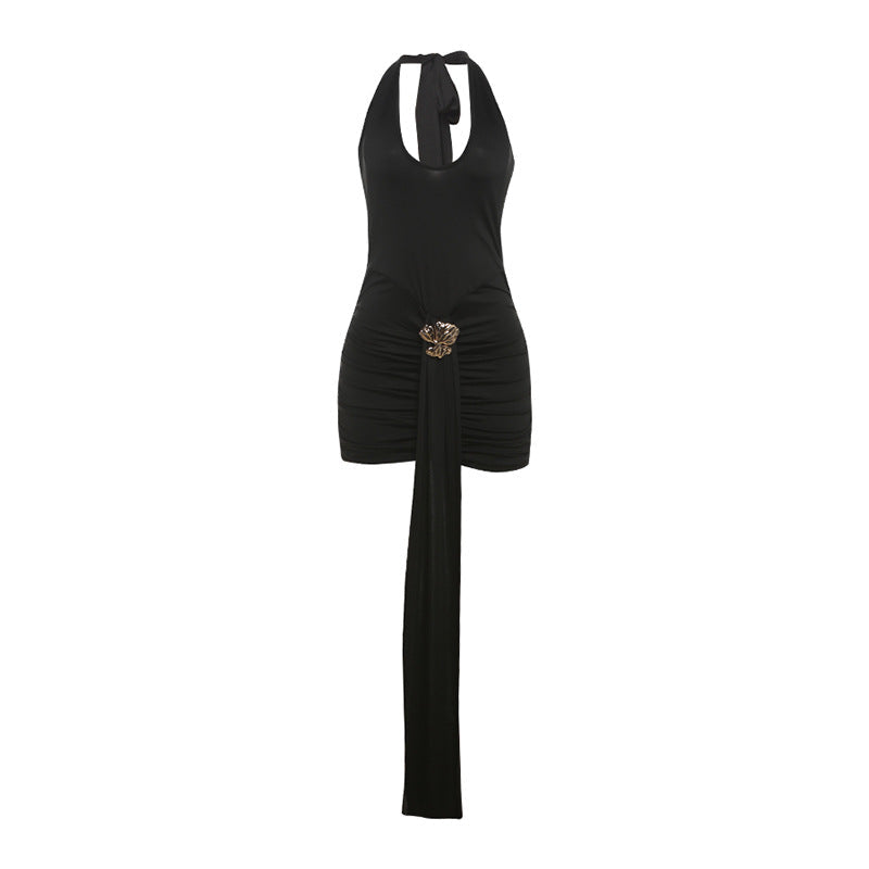 Summer Women Clothing Sexy Halter Hollow Out Cutout Slim Fit Slim Backless Ruffle Hip Dress