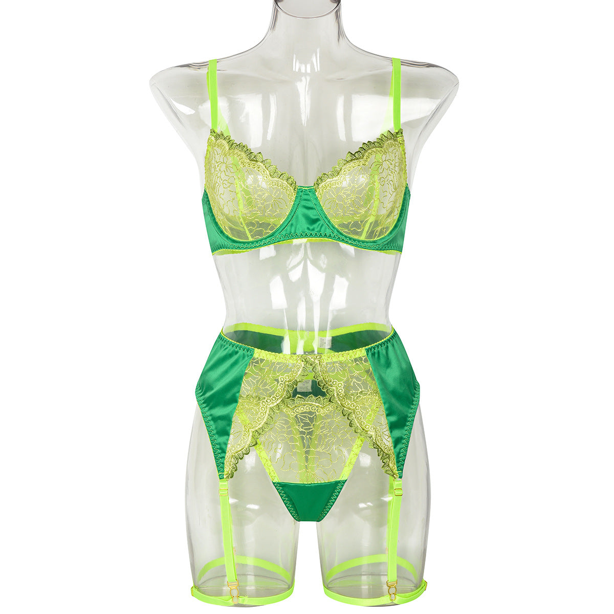 Sexy Floral Embroidery Satin Color Contrast Patchwork See through Sexy Three Piece Set