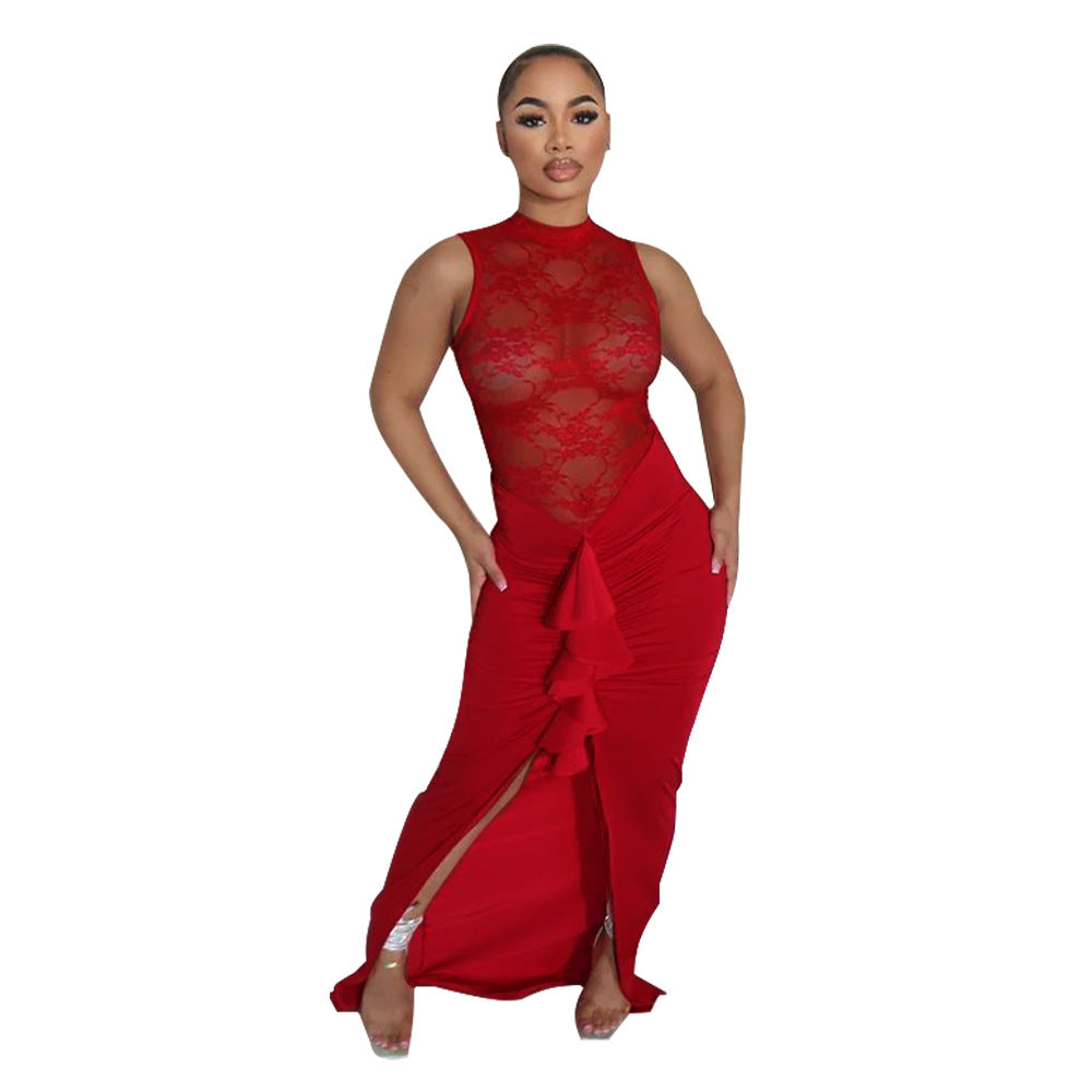 Sexy Women Clothing Sexy See through Lace Stitching Fishtail Dress