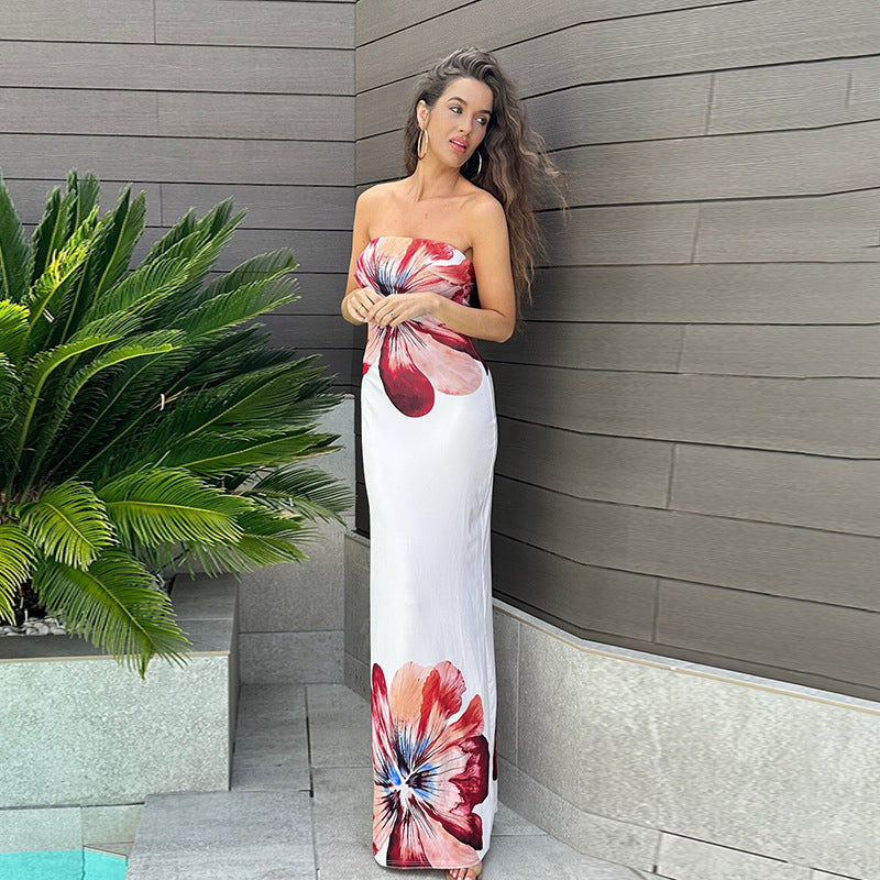 Floral Tube Top Printing Dress Women Summer Elegant Slim Fit Sheath Dress