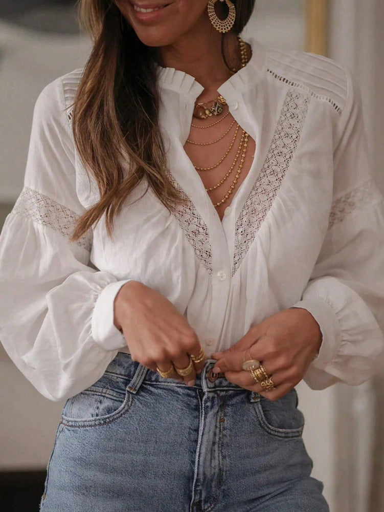 Early Autumn Ladies Lace Stitching All Matching Youthful Looking Loose Shirt