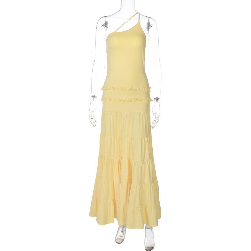 Sexy Hollow Out Cutout out Backless Stitching Tied One Shoulder Pleated Multi Layer Maxi Dress Women