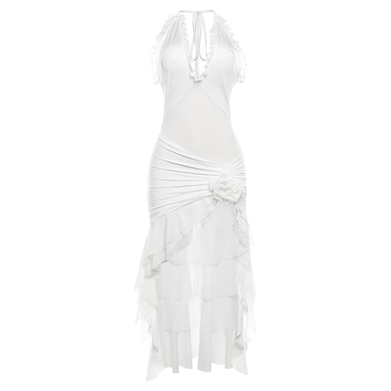 Spring Women Clothing Halter Backless Slim Fit Solid Color Ruffles Dress
