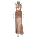 Leopard Print Hollow Out Cutout out Halter Split Print Dress Vacation Beach Party Dress
